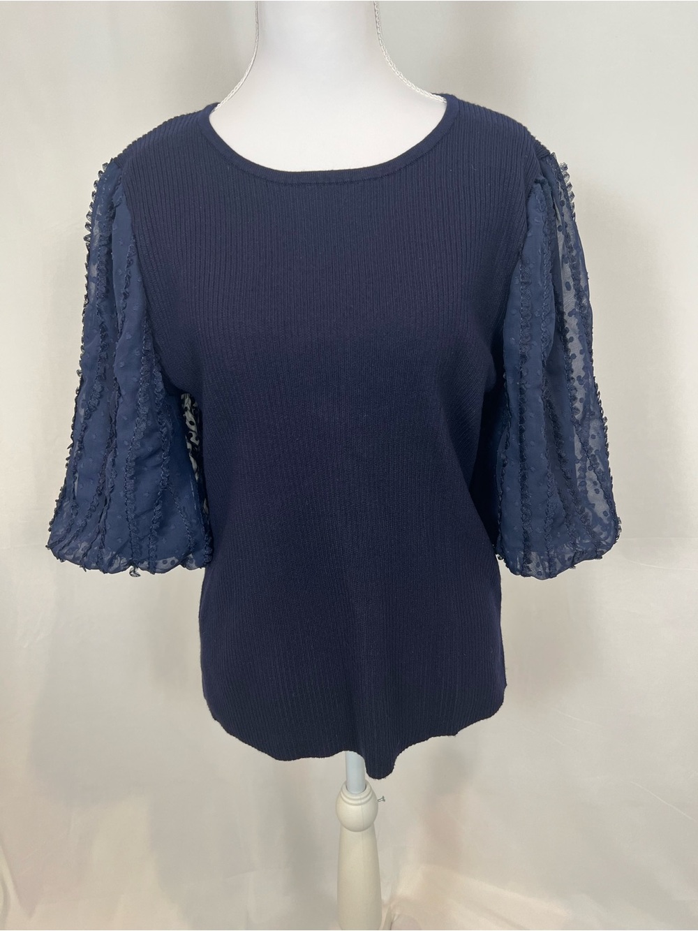 Cato Navy Textured Top with Sheer Puff Sleeves
